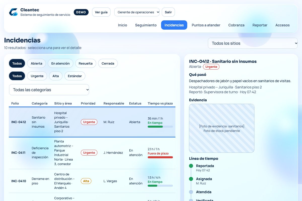 Lista de incidencias con filtros por estatus y prioridad, y el detalle de una incidencia con línea de tiempo. Datos de ejemplo.