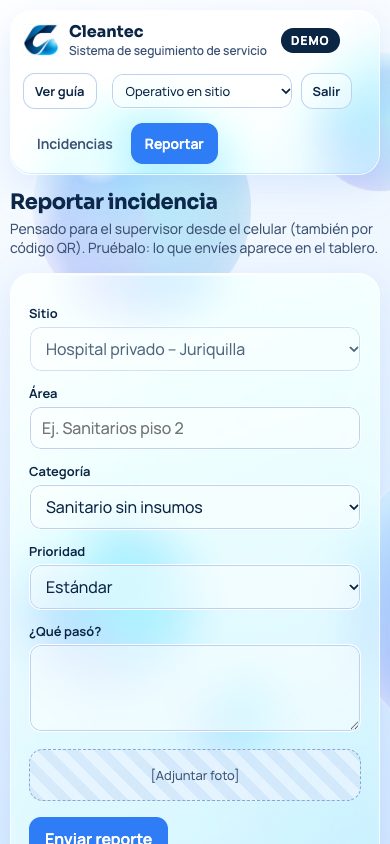 Formulario para reportar una incidencia desde el celular. Datos de ejemplo.